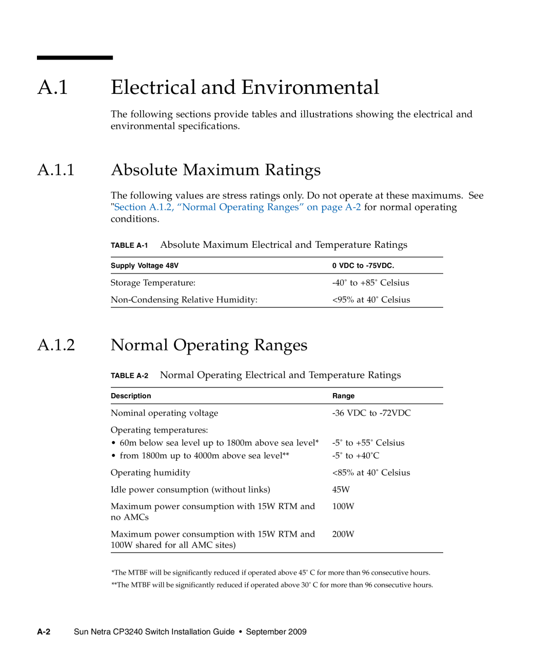 Sun Microsystems CP3240 A.1 Electrical and Environmental, A.1.1 Absolute Maximum Ratings, A.1.2 Normal Operating Ranges 