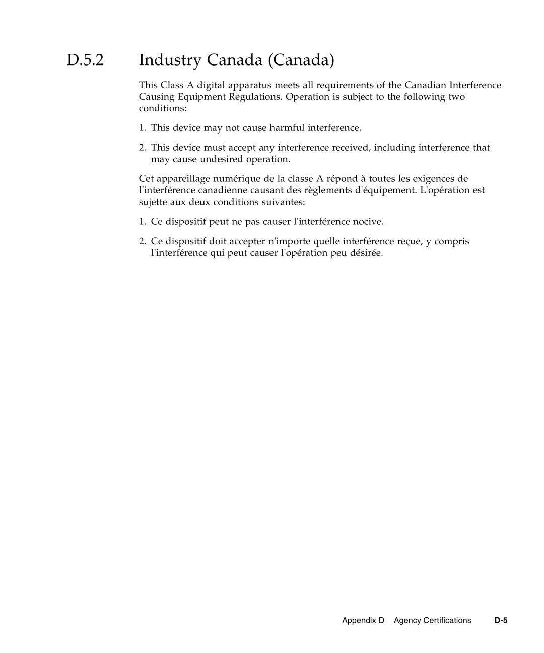 Sun Microsystems CP3240 manual D.5.2 Industry Canada Canada 