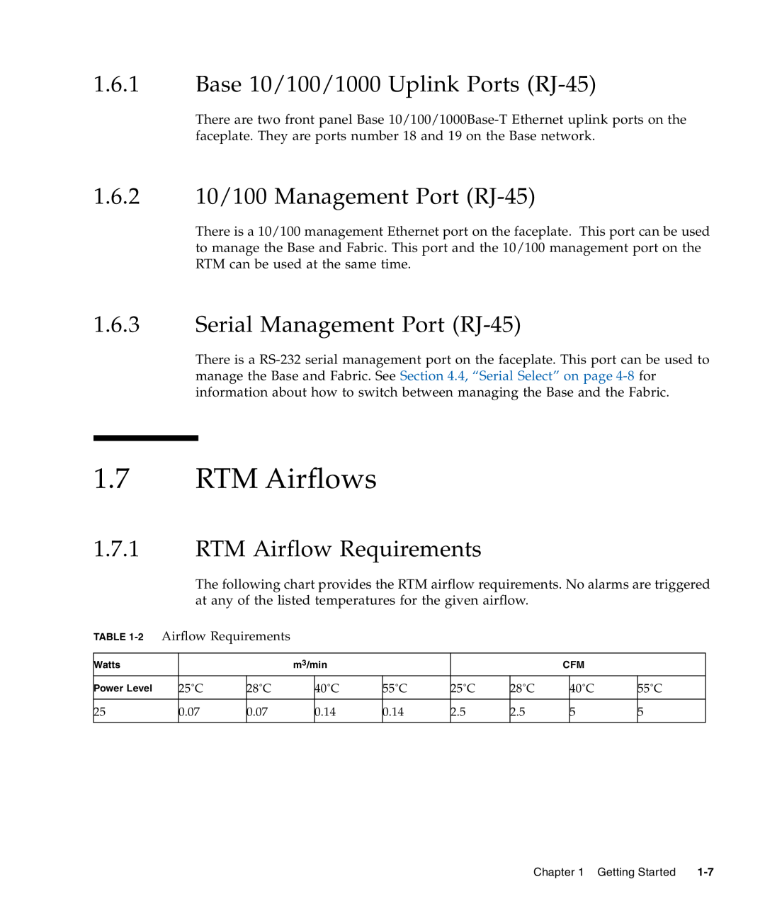 Sun Microsystems CP3240 manual RTM Airflows, Base 10/100/1000 Uplink Ports RJ-45, 1.6.2 10/100 Management Port RJ-45 