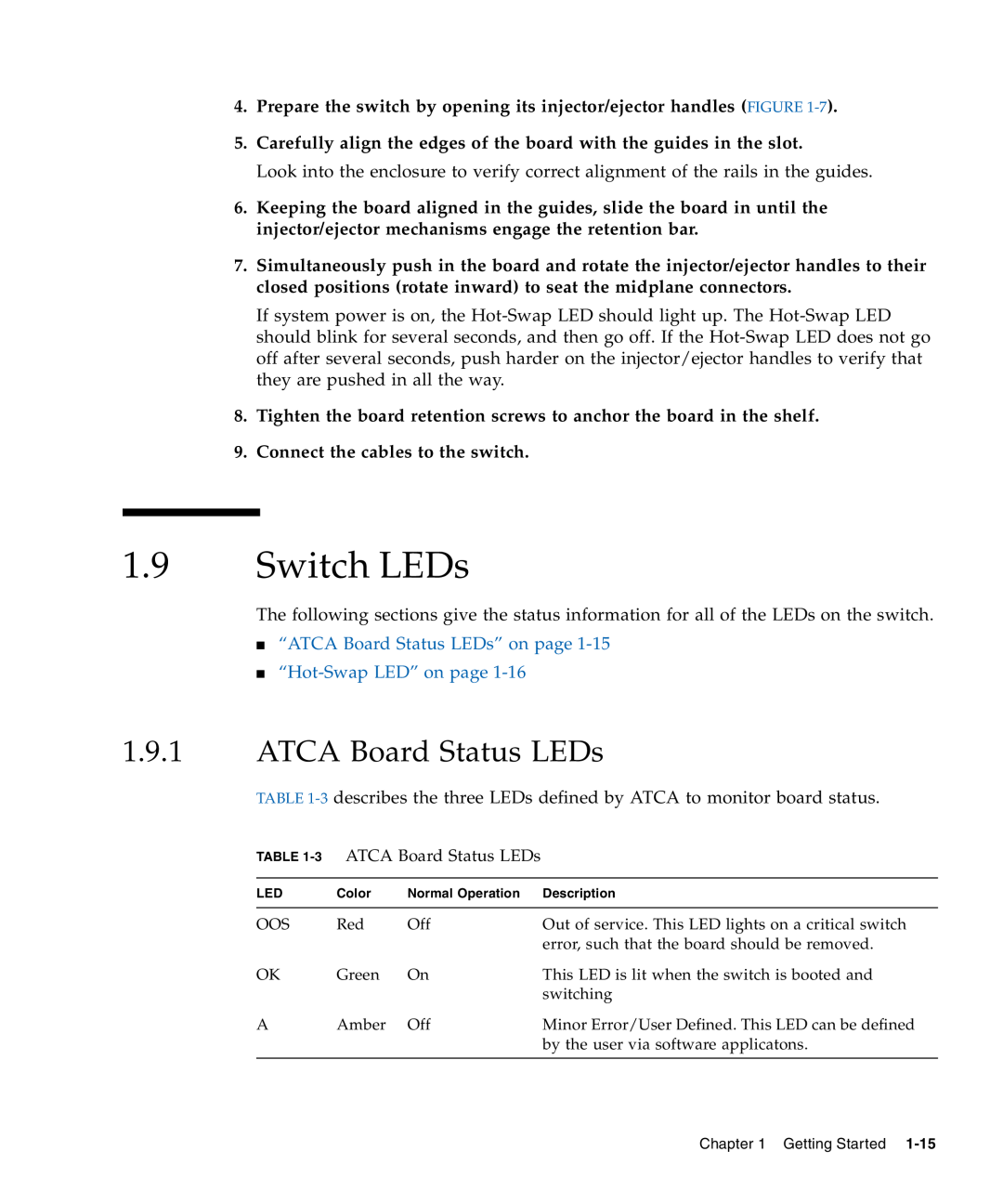 Sun Microsystems CP3240 manual Switch LEDs, ATCA Board Status LEDs 