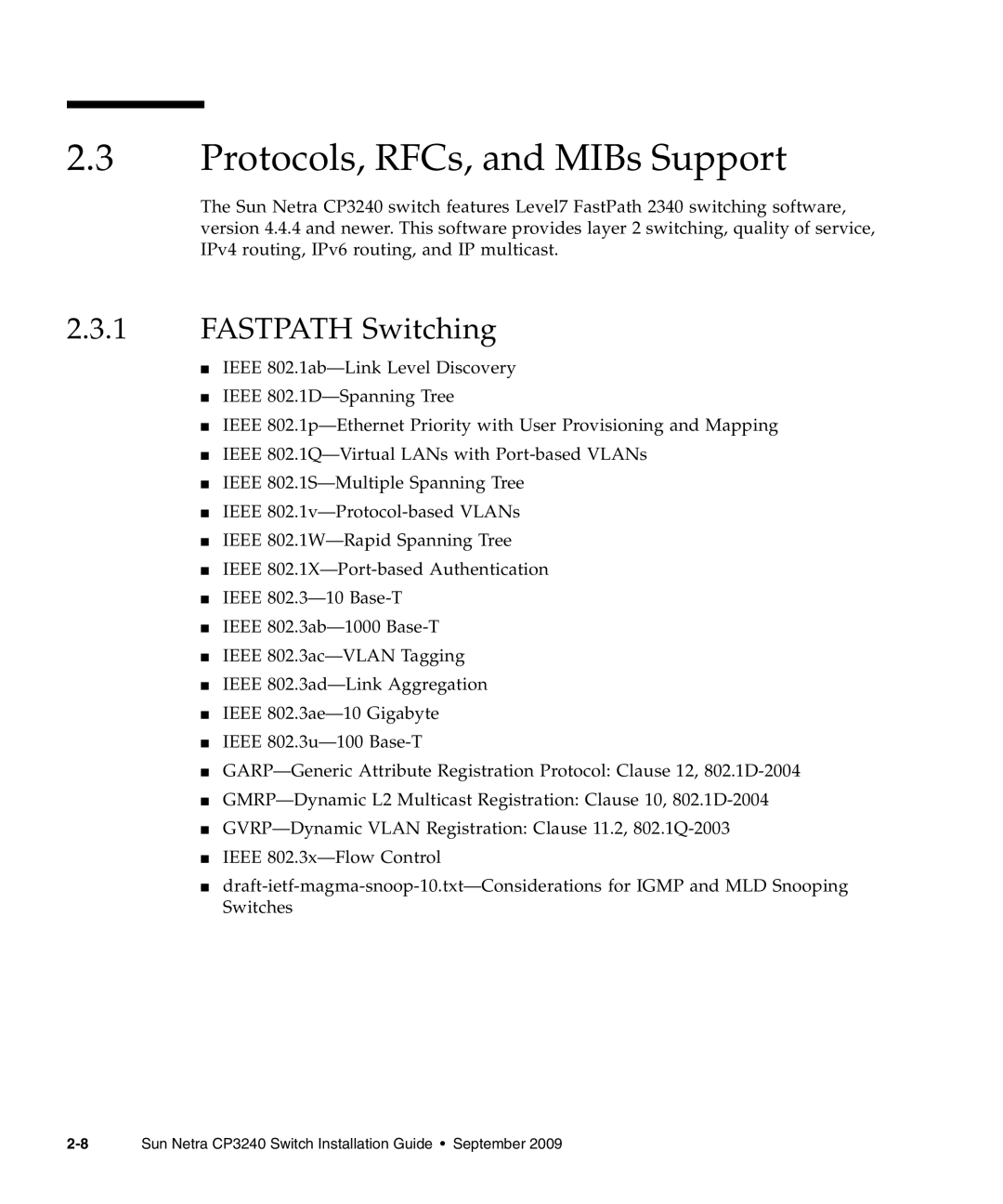 Sun Microsystems CP3240 manual Protocols, RFCs, and MIBs Support, FASTPATH Switching 