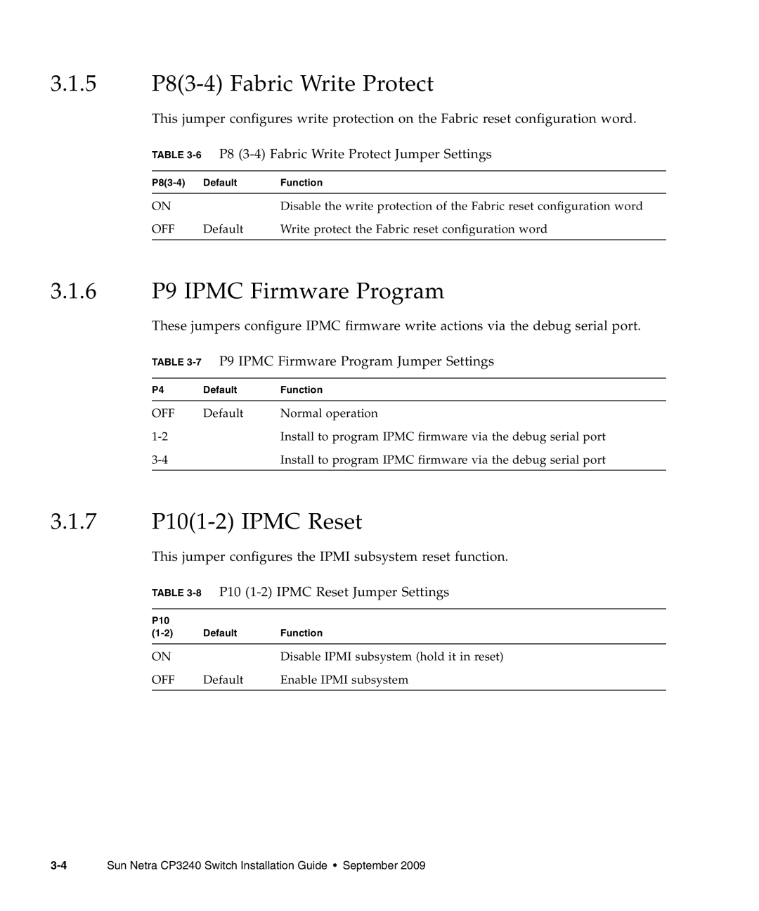 Sun Microsystems CP3240 manual 3.1.5 P83-4 Fabric Write Protect, 3.1.6 P9 IPMC Firmware Program, 3.1.7 P101-2 IPMC Reset 