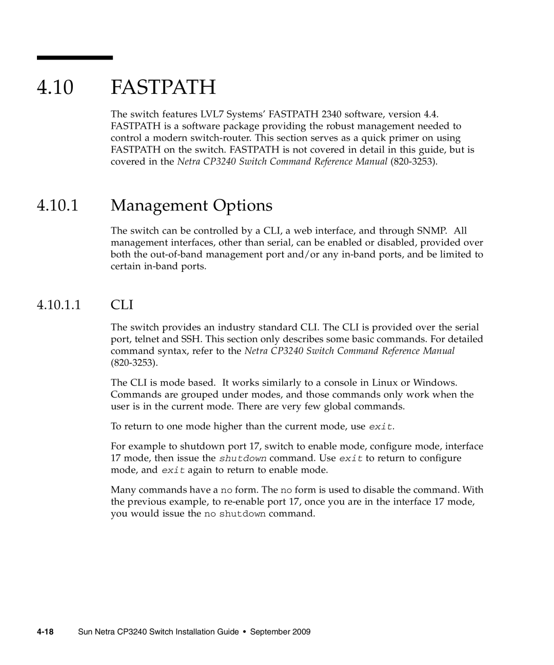 Sun Microsystems CP3240 manual Fastpath, Management Options, 4.10.1.1 CLI 