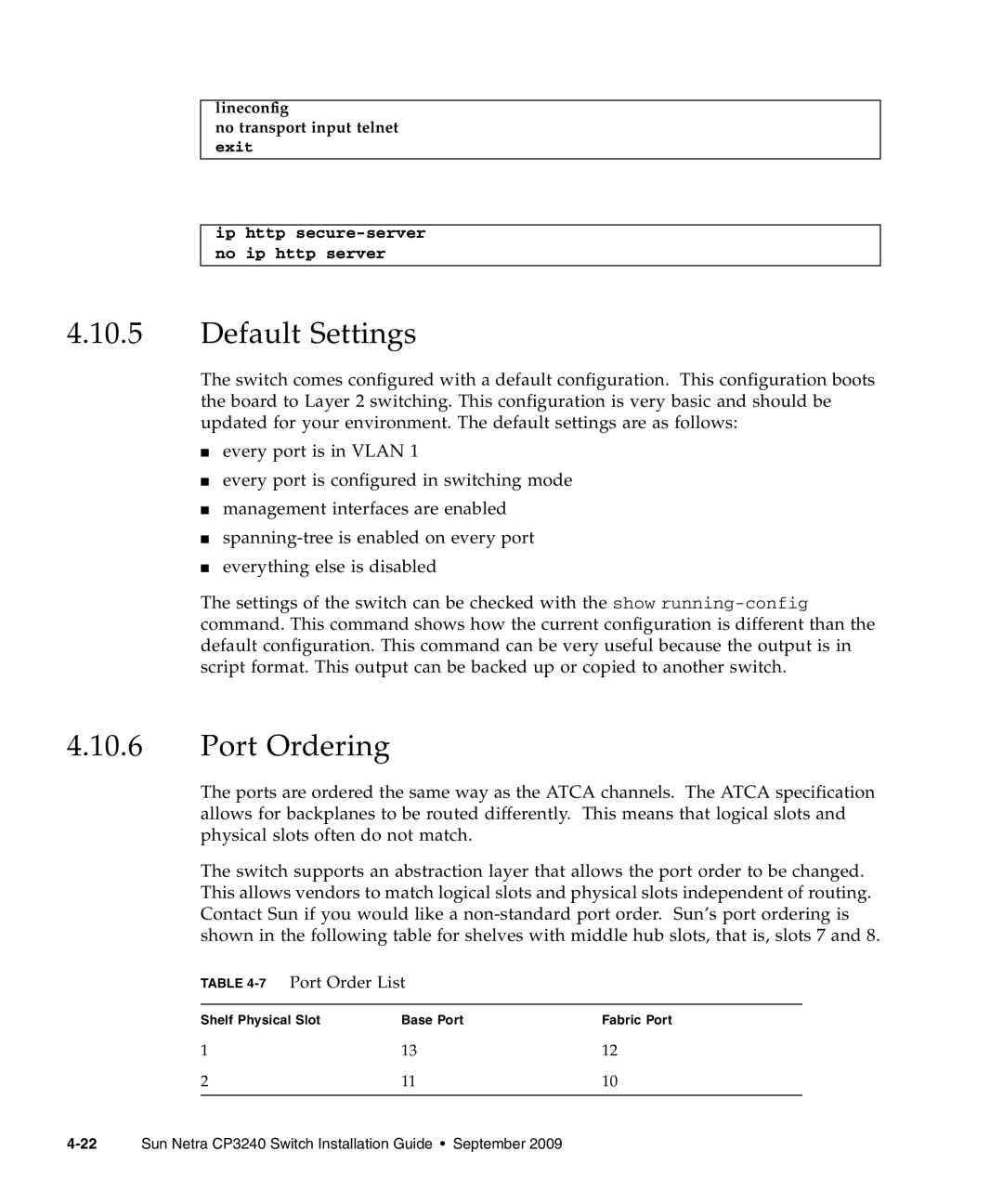 Sun Microsystems CP3240 manual Default Settings, Port Ordering, 7Port Order List 