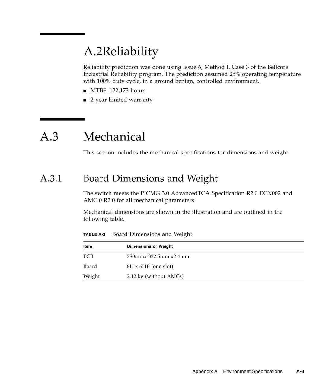 Sun Microsystems CP3240 manual 2Reliability, Mechanical, Board Dimensions and Weight 