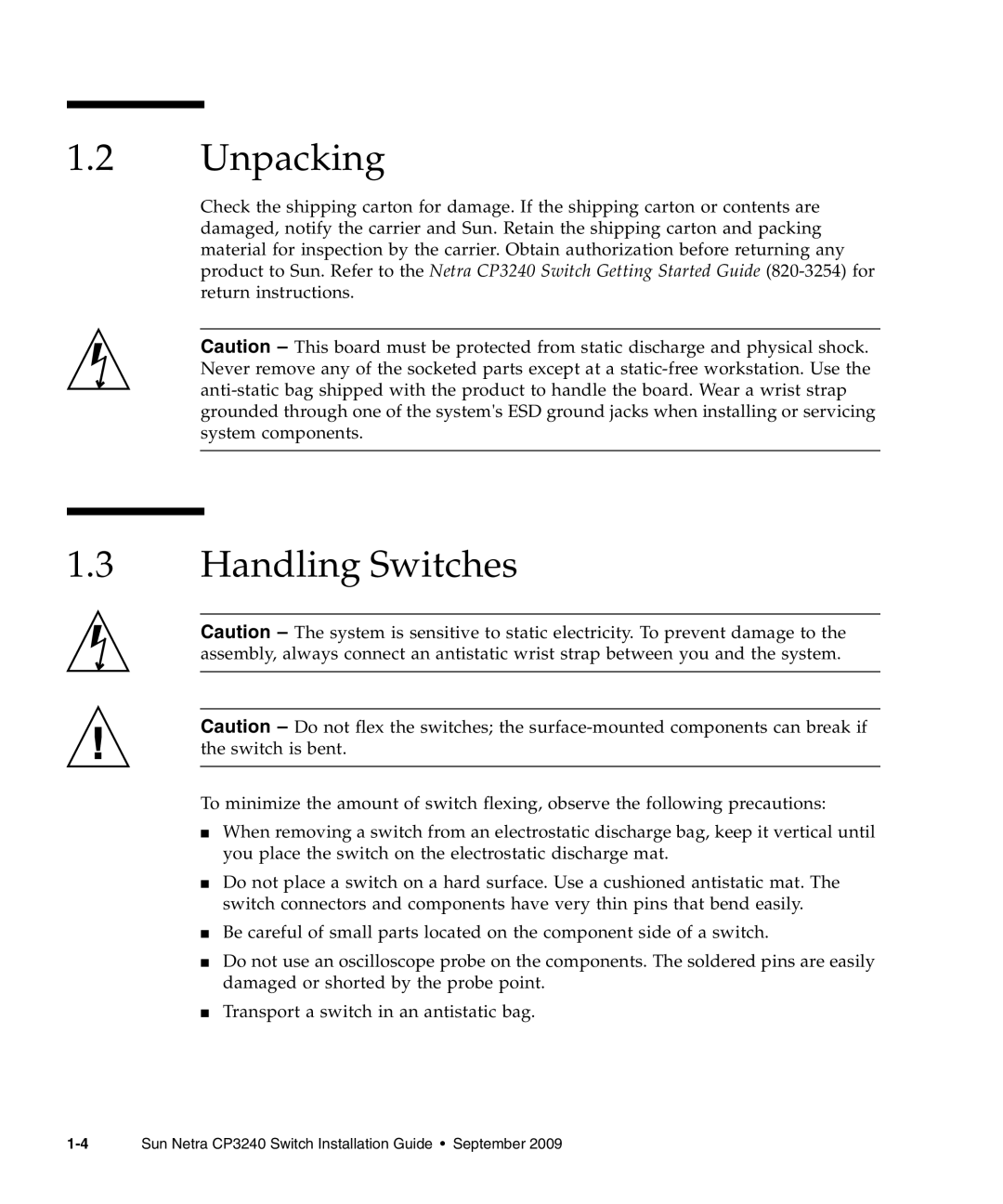 Sun Microsystems CP3240 manual Unpacking, Handling Switches 