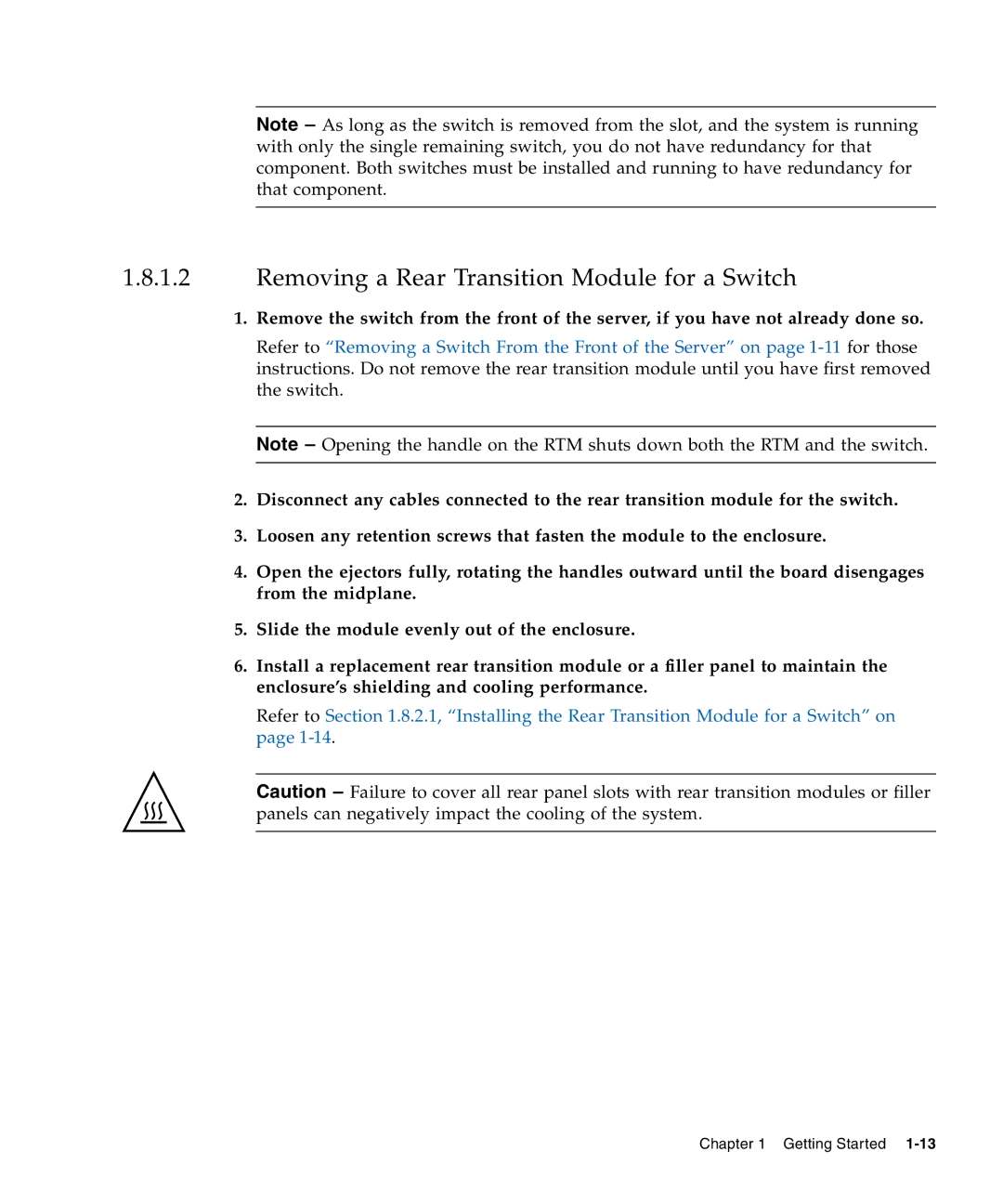 Sun Microsystems CP3240 manual Removing a Rear Transition Module for a Switch 