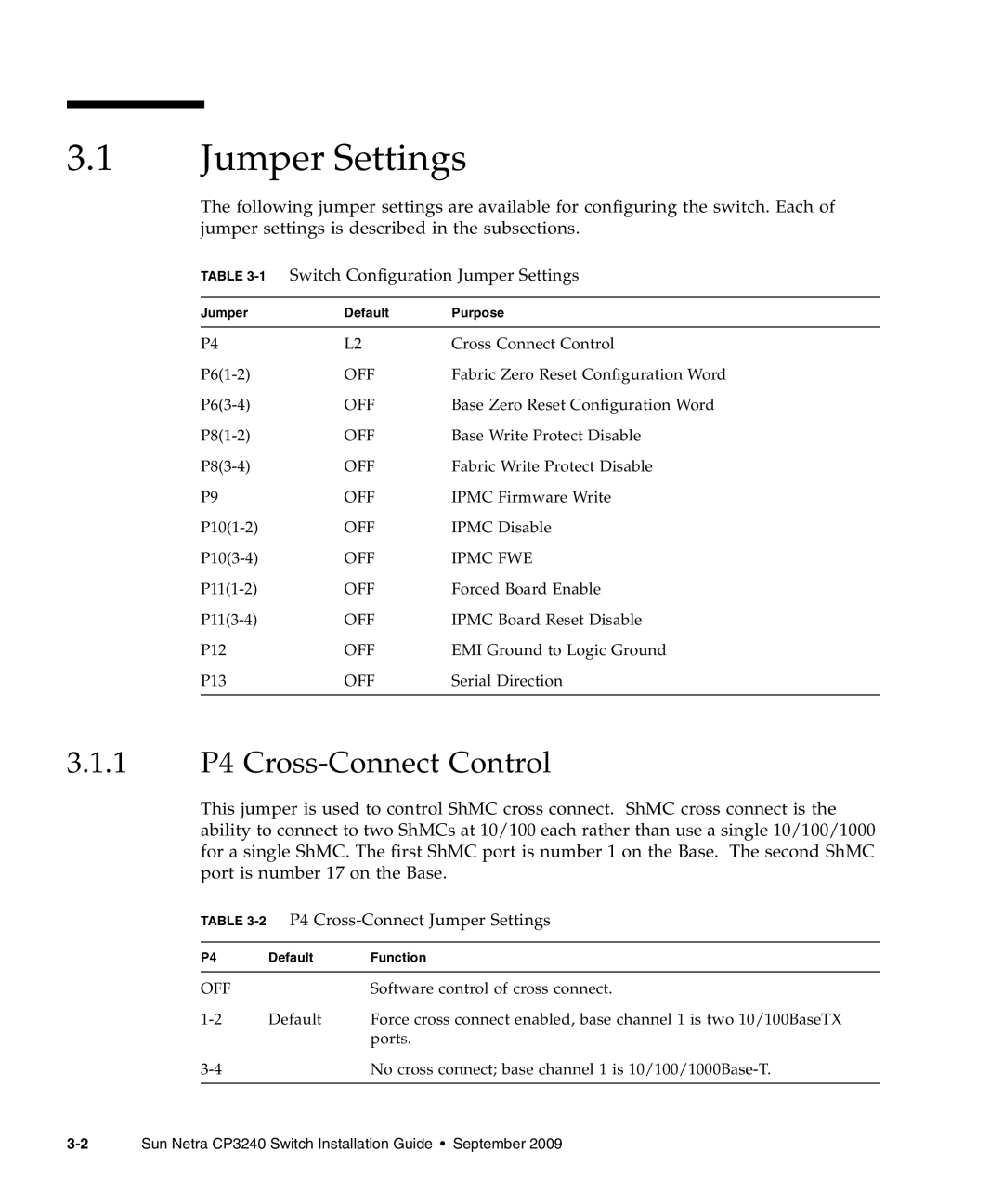 Sun Microsystems CP3240 manual 1 P4 Cross-Connect Control, 1Switch Configuration Jumper Settings 