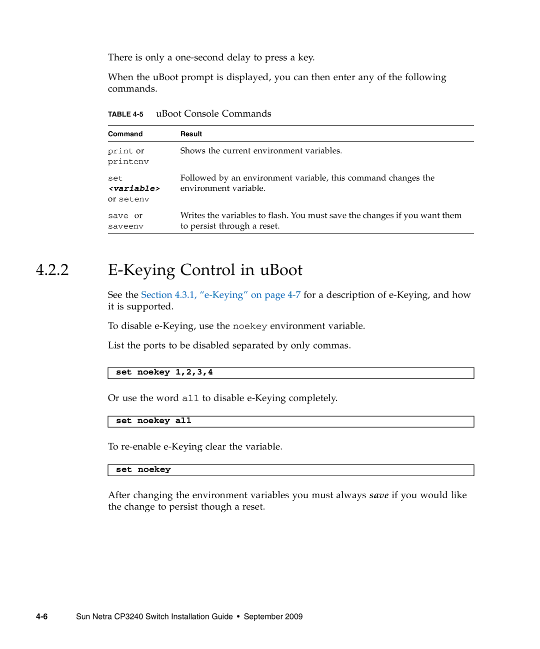 Sun Microsystems CP3240 manual Keying Control in uBoot, Or use the word all to disable e-Keying completely 