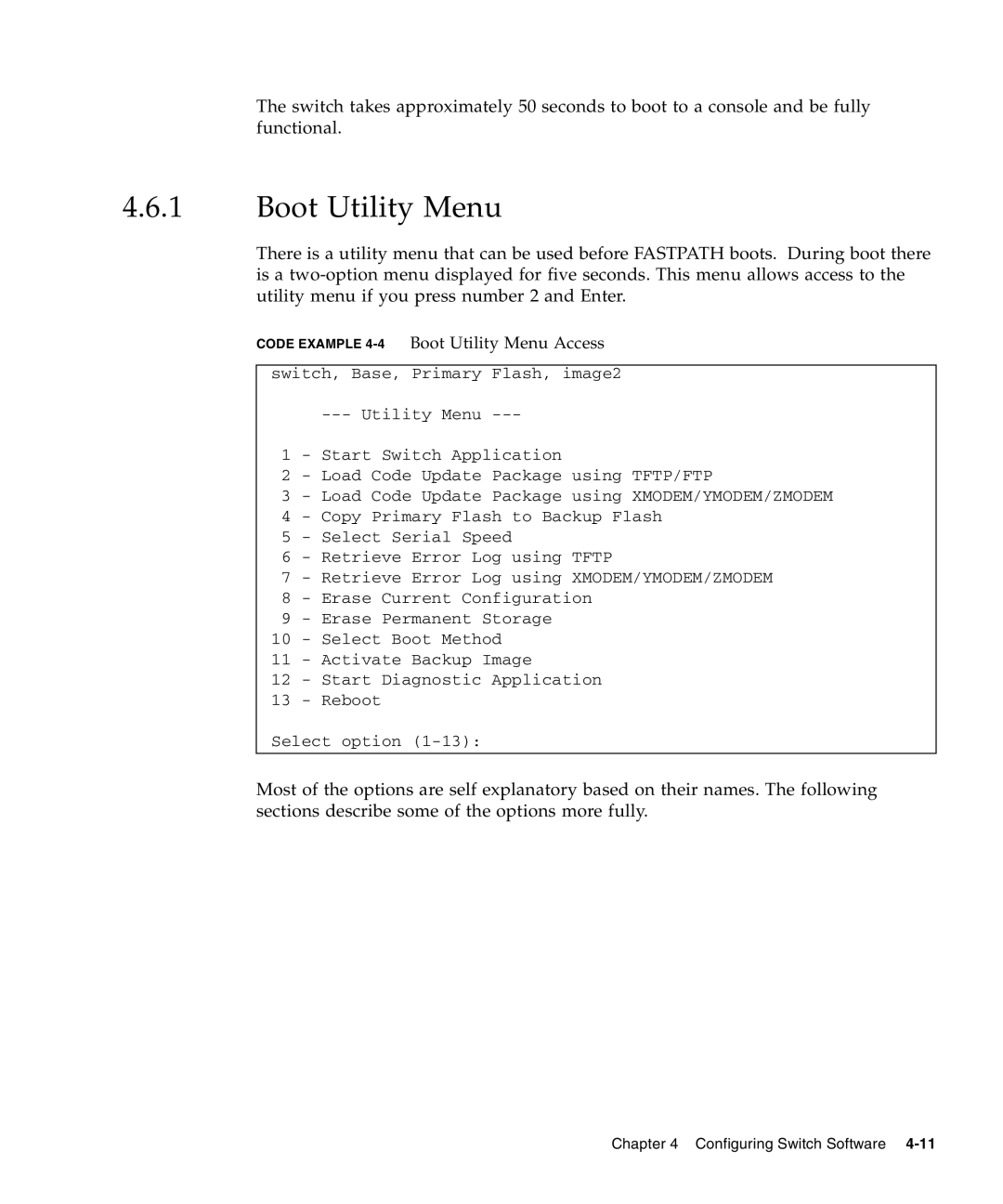 Sun Microsystems CP3240 manual Code Example 4-4Boot Utility Menu Access 