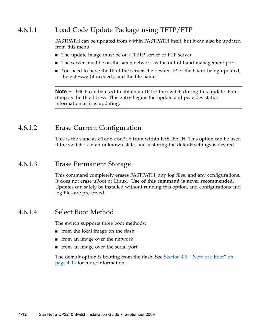 Sun Microsystems CP3240 Load Code Update Package using TFTP/FTP, Erase Current Configuration, Erase Permanent Storage 