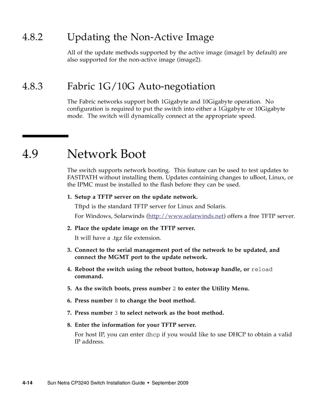 Sun Microsystems CP3240 manual Network Boot, Updating the Non-Active Image, Fabric 1G/10G Auto-negotiation 