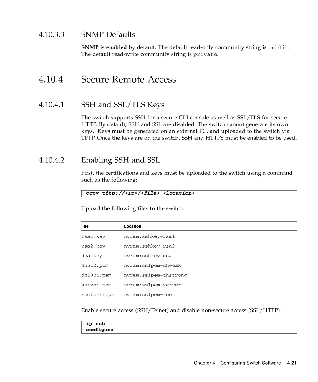 Sun Microsystems CP3240 manual Secure Remote Access, Snmp Defaults, SSH and SSL/TLS Keys, Enabling SSH and SSL 