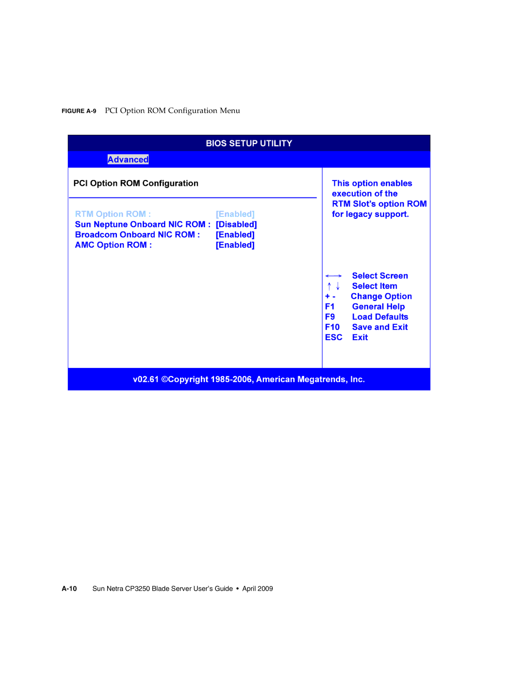 Sun Microsystems CP3250 manual Figure A-9PCI Option ROM Configuration Menu 