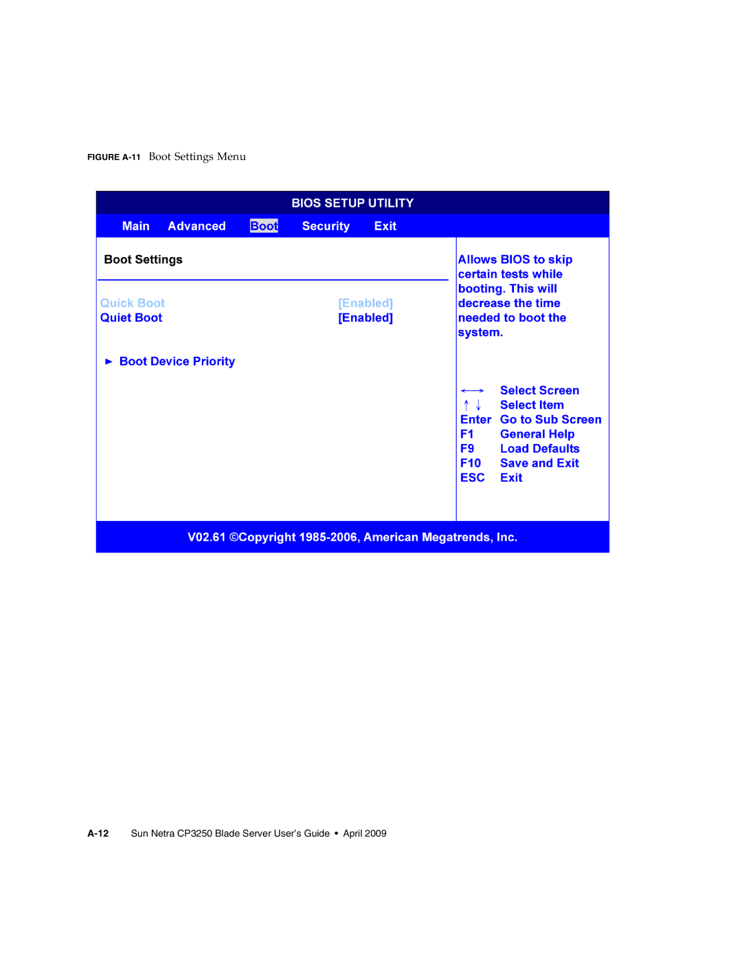 Sun Microsystems CP3250 manual Figure A-11Boot Settings Menu 