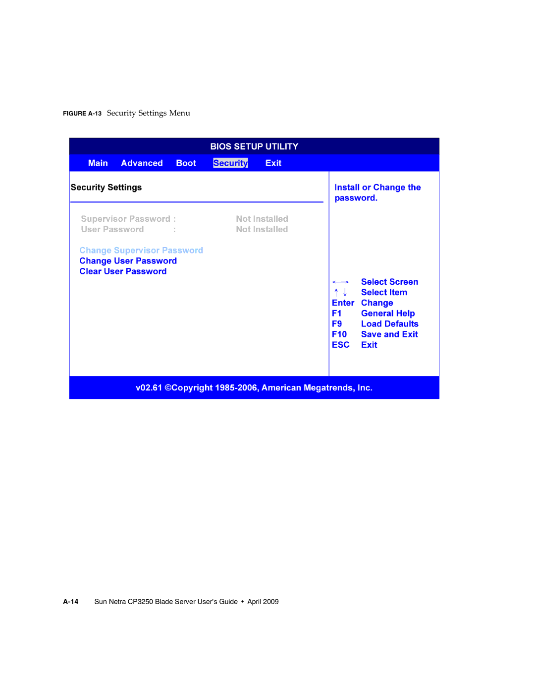 Sun Microsystems CP3250 manual Figure A-13Security Settings Menu 