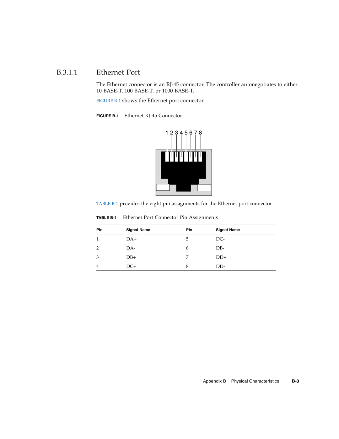 Sun Microsystems CP3250 manual Ethernet Port, Figure B-1Ethernet RJ-45 Connector 