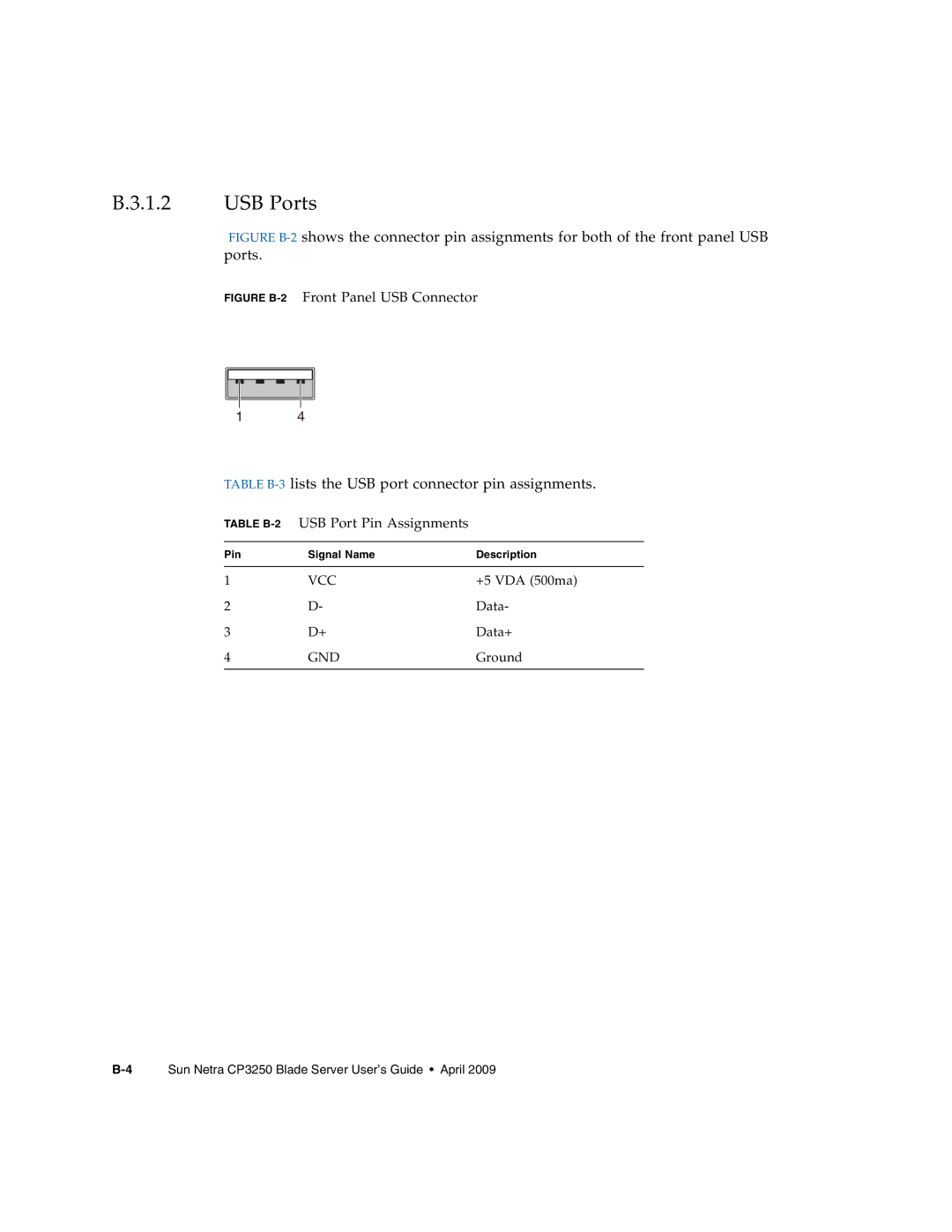 Sun Microsystems CP3250 manual USB Ports, Table B-2USB Port Pin Assignments 