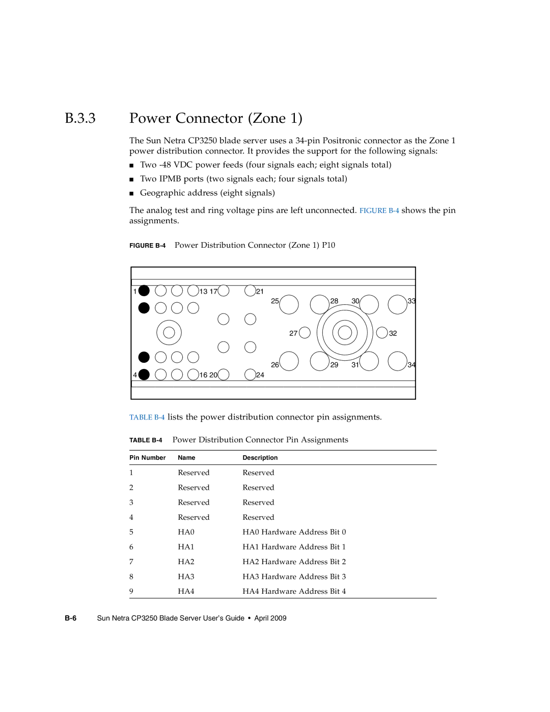 Sun Microsystems CP3250 manual Power Connector Zone, Table B-4Power Distribution Connector Pin Assignments 