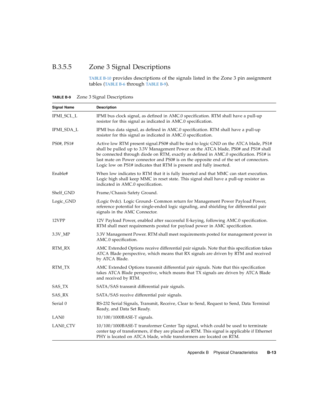 Sun Microsystems CP3250 manual Table B-9Zone 3 Signal Descriptions 