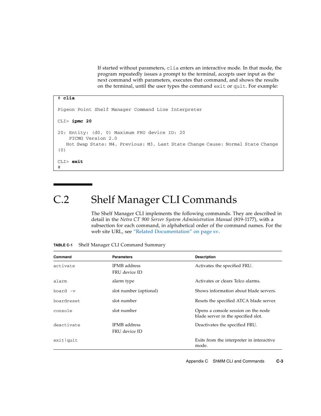 Sun Microsystems CP3250 manual Shelf Manager CLI Commands, Table C-1Shelf Manager CLI Command Summary 