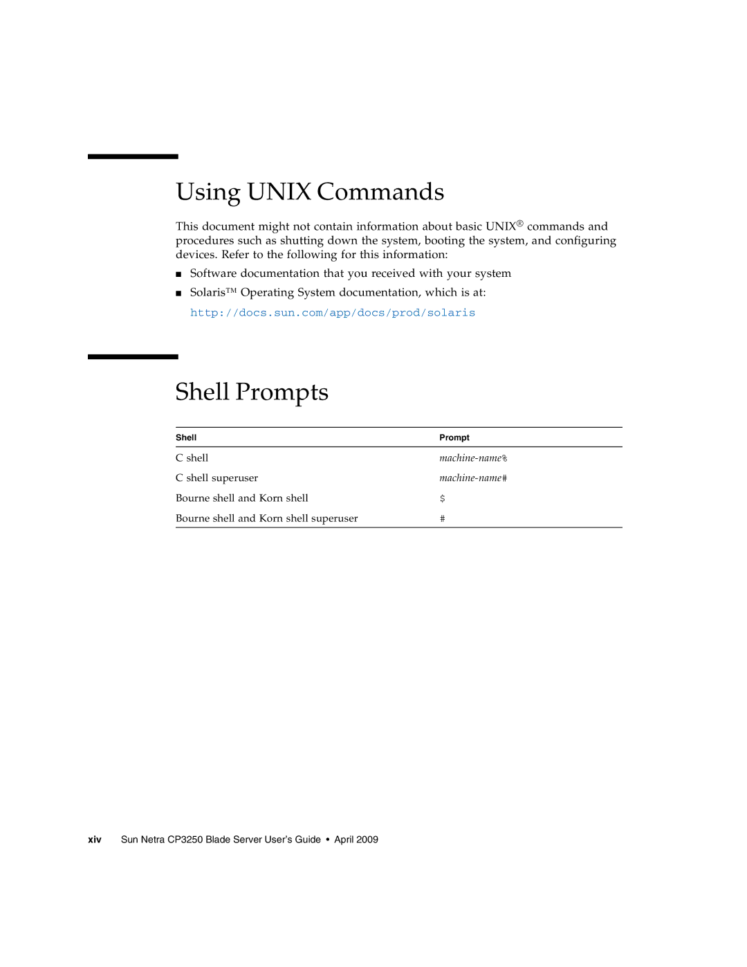 Sun Microsystems CP3250 manual Using Unix Commands, Shell Prompts 