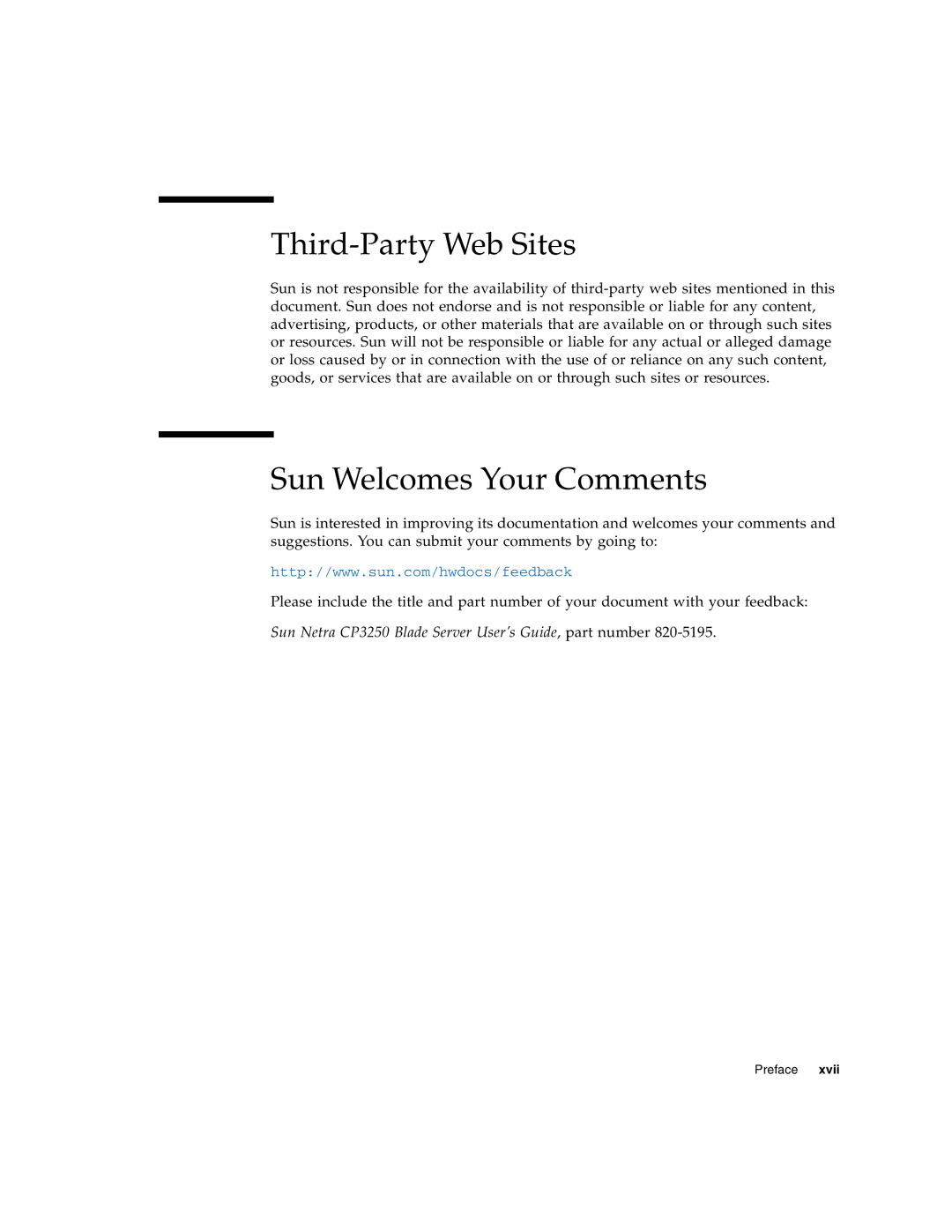 Sun Microsystems CP3250 manual Third-Party Web Sites, Sun Welcomes Your Comments 