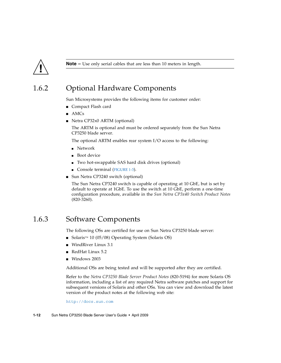 Sun Microsystems CP3250 manual Optional Hardware Components, Software Components 