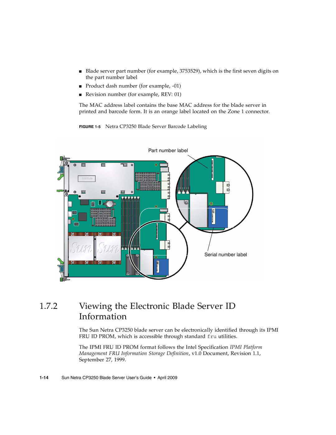 Sun Microsystems manual Viewing the Electronic Blade Server ID Information, 5Netra CP3250 Blade Server Barcode Labeling 