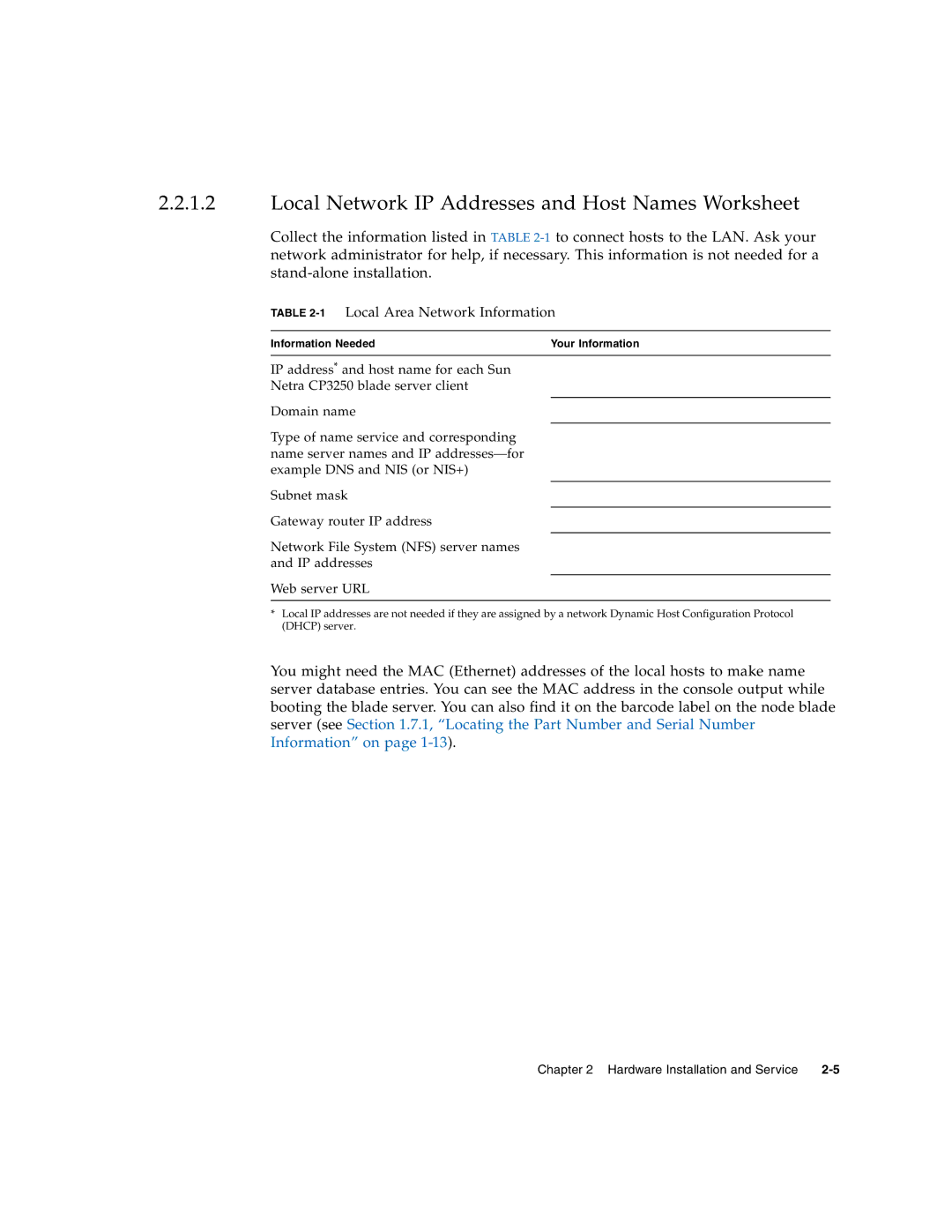 Sun Microsystems CP3250 manual Local Network IP Addresses and Host Names Worksheet, 1Local Area Network Information 