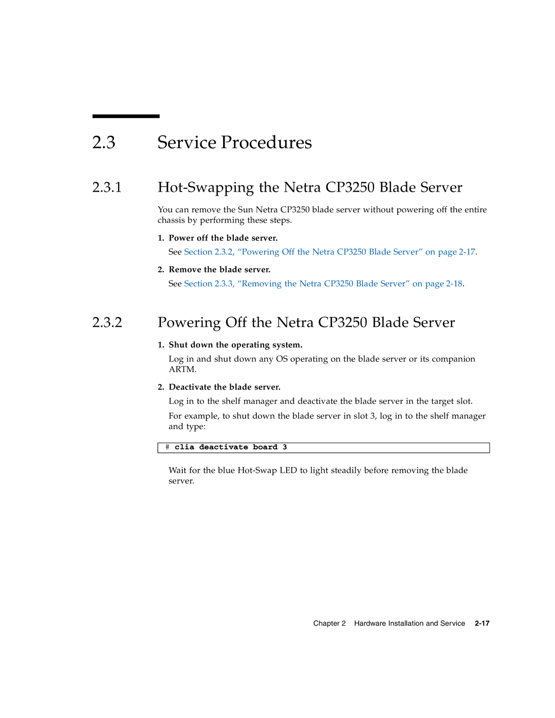 Sun Microsystems manual Service Procedures, Hot-Swapping the Netra CP3250 Blade Server 