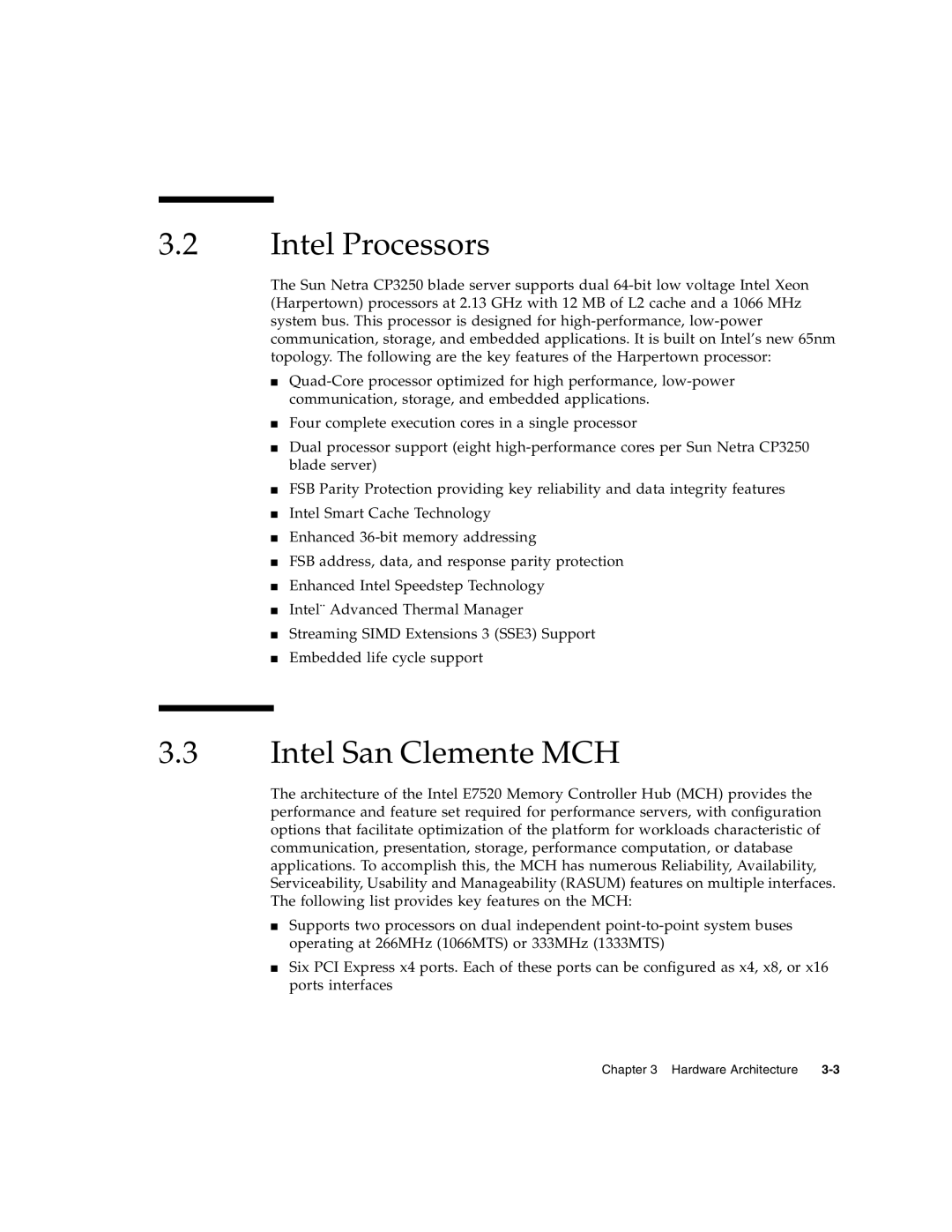 Sun Microsystems CP3250 manual Intel Processors, Intel San Clemente MCH 