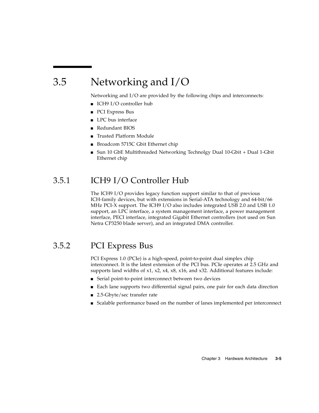 Sun Microsystems CP3250 manual Networking and I/O, 1 ICH9 I/O Controller Hub, PCI Express Bus 