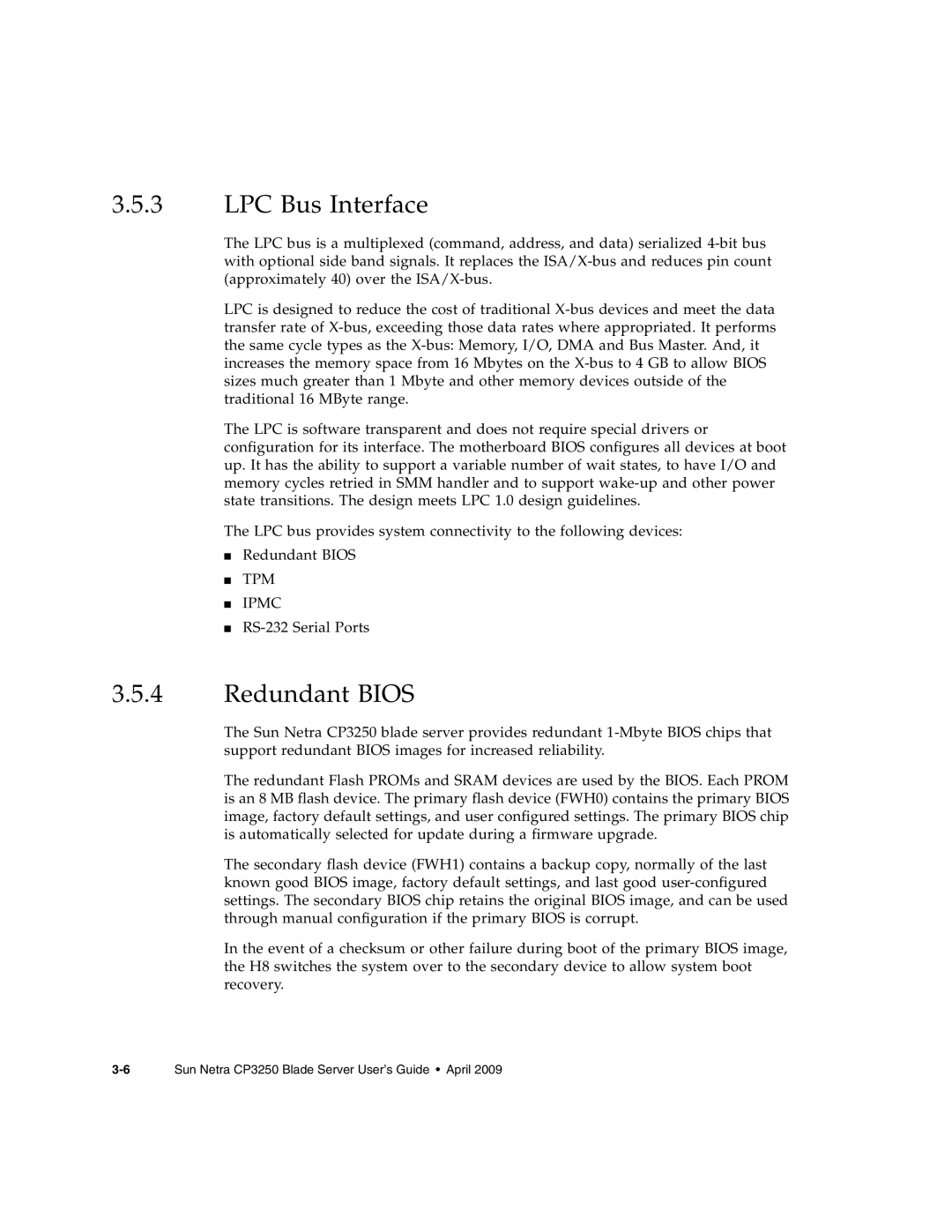 Sun Microsystems CP3250 manual LPC Bus Interface, Redundant Bios 