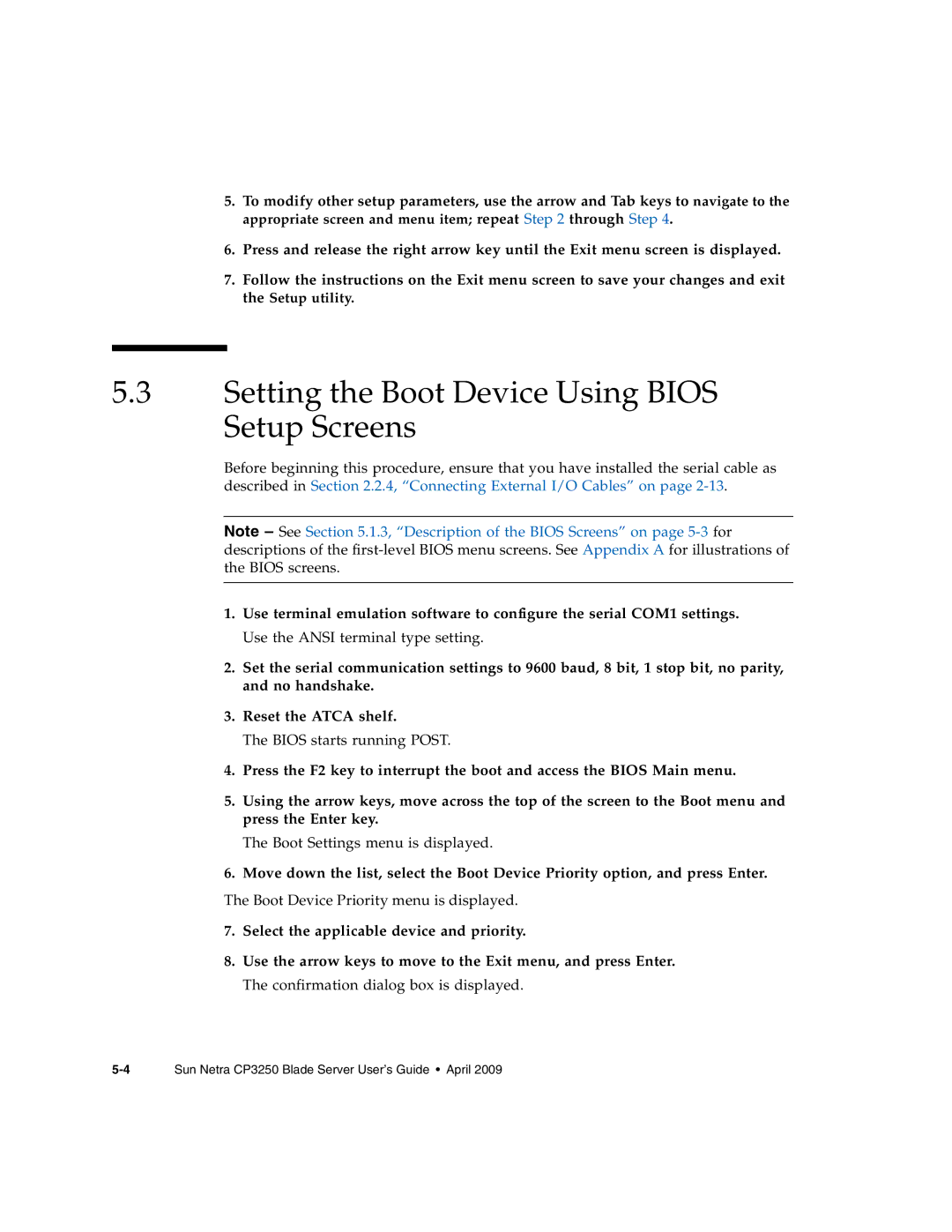 Sun Microsystems CP3250 manual Setting the Boot Device Using Bios Setup Screens 