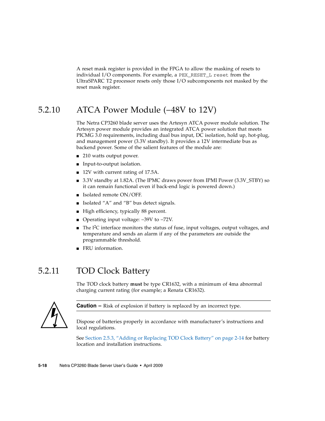 Sun Microsystems CP3260 manual ATCA Power Module −48V to, TOD Clock Battery 