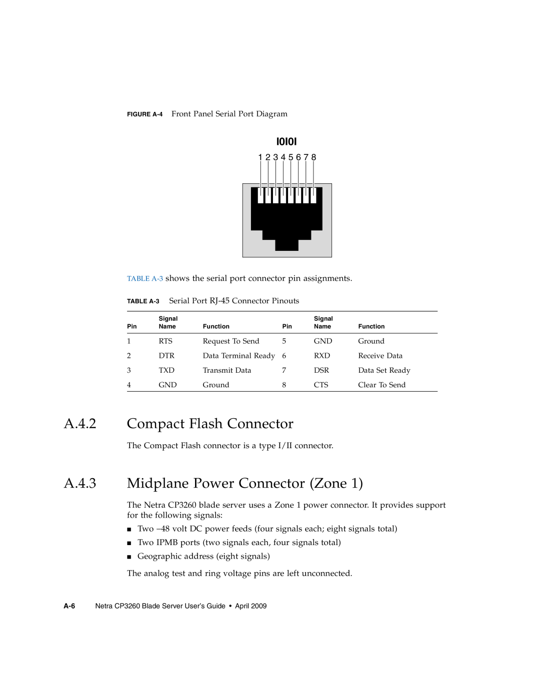Sun Microsystems CP3260 manual A.4.2 Compact Flash Connector, A.4.3 Midplane Power Connector Zone, I0I0I 