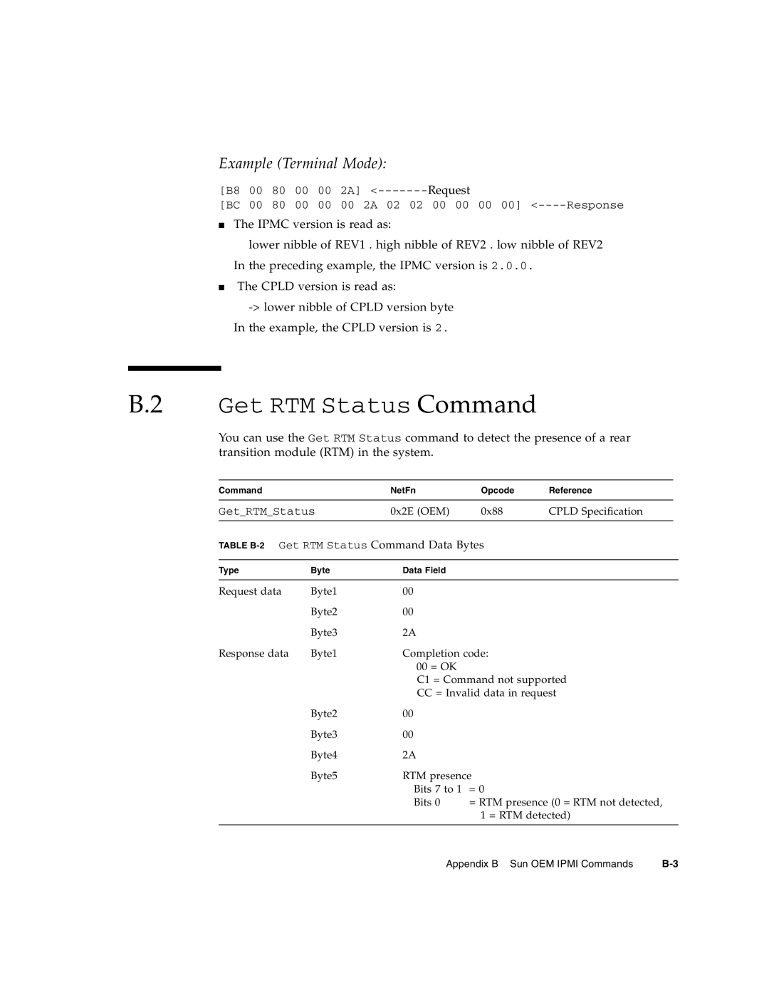 Sun Microsystems CP3260 manual B.2 Get RTM Status Command, Example Terminal Mode 