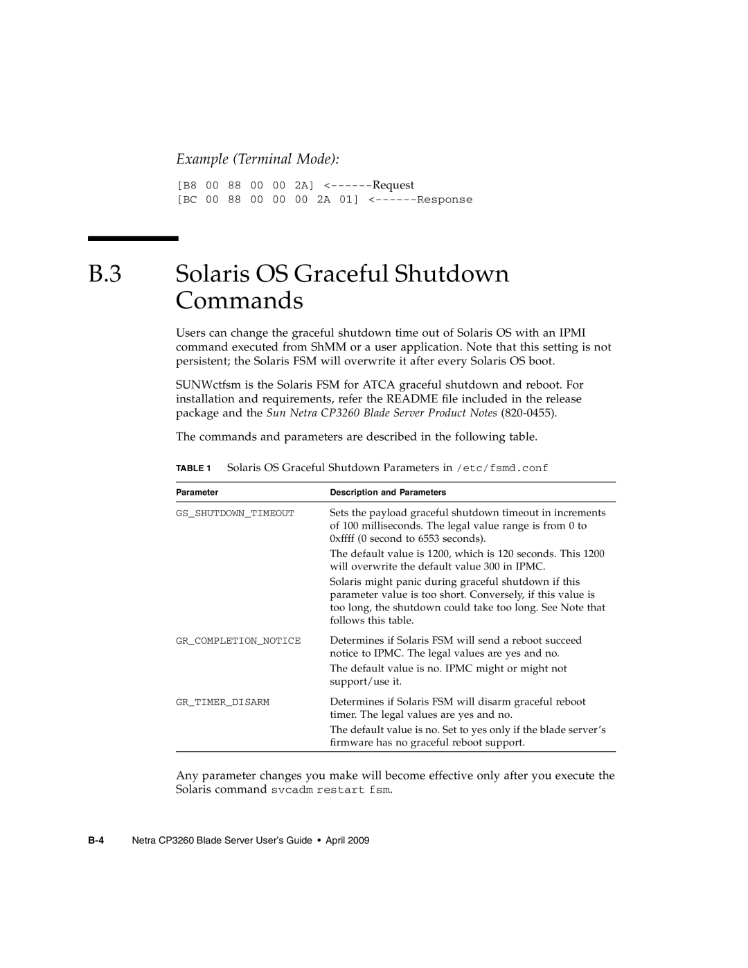 Sun Microsystems CP3260 manual B.3 Solaris OS Graceful Shutdown Commands, Example Terminal Mode 
