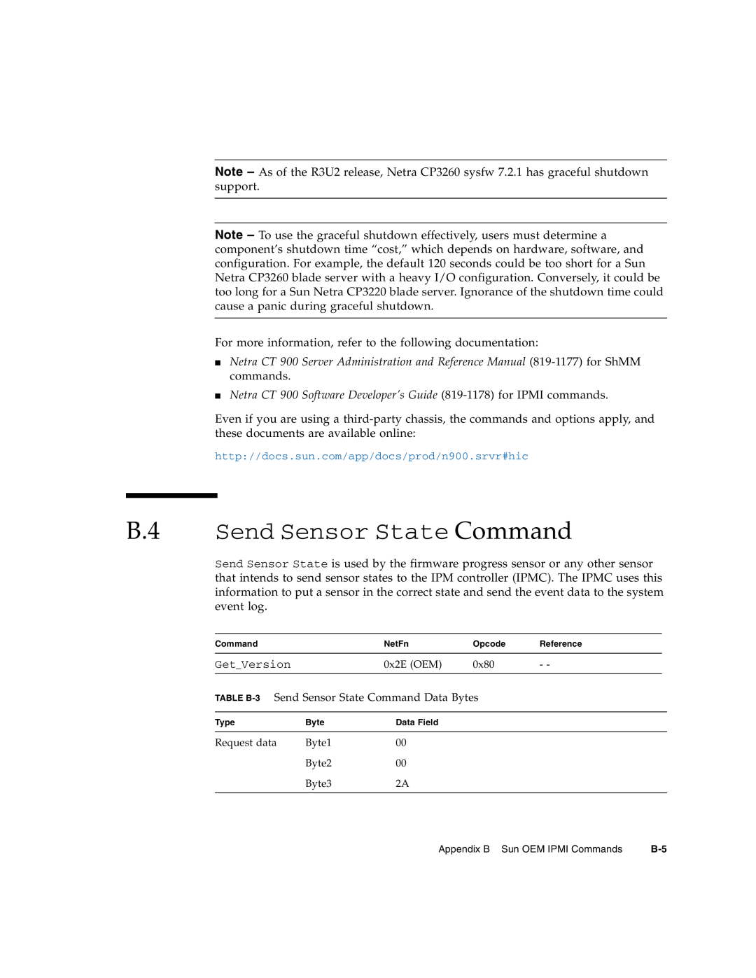 Sun Microsystems CP3260 B.4 Send Sensor State Command, Netra CT 900 Software Developer’s Guide 819-1178 for IPMI commands 
