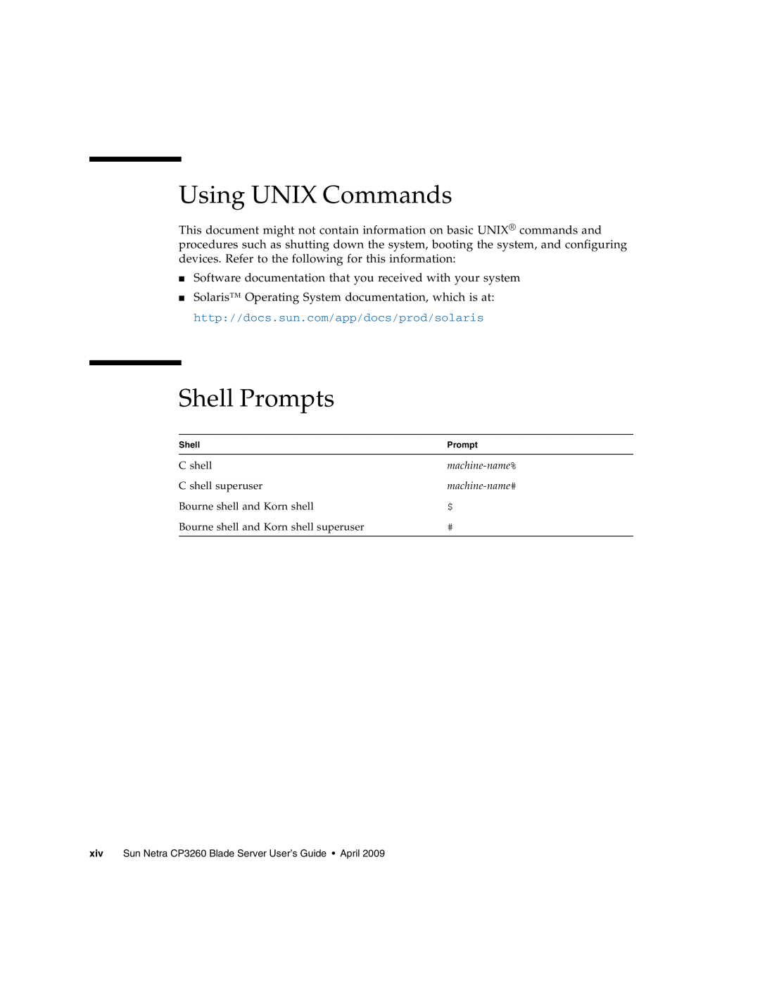 Sun Microsystems CP3260 manual Using UNIX Commands, Shell Prompts 