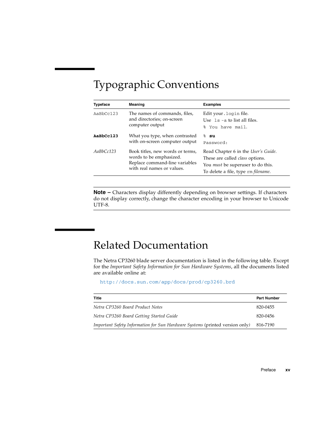 Sun Microsystems CP3260 manual Typographic Conventions, Related Documentation 