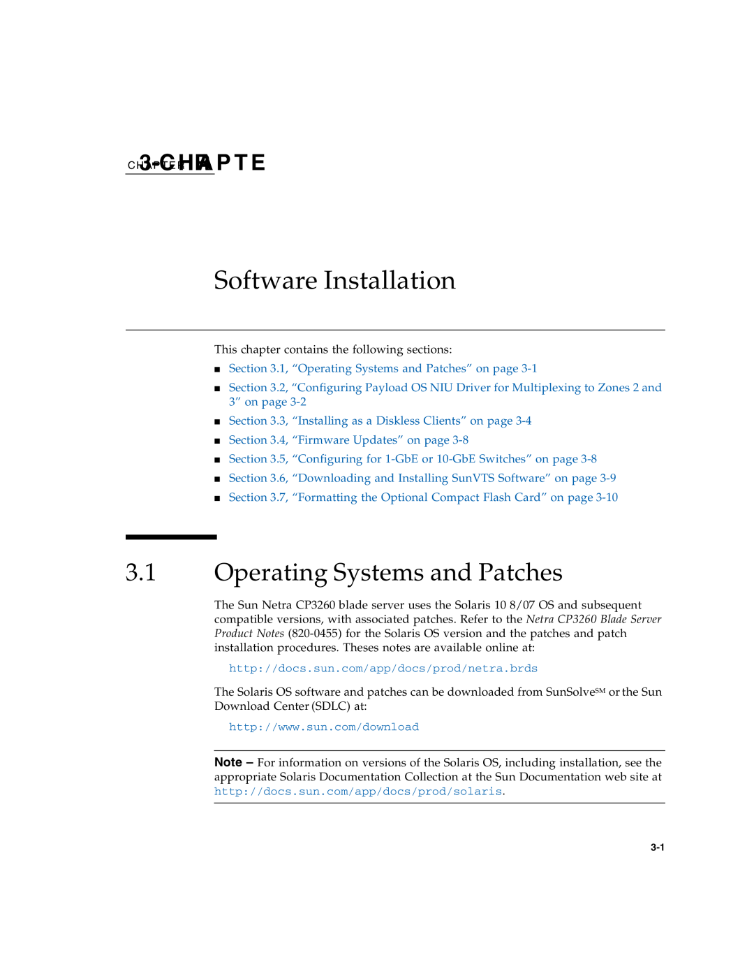 Sun Microsystems CP3260 manual Software Installation, Operating Systems and Patches, C H3A-PCT E RHRA P T E 