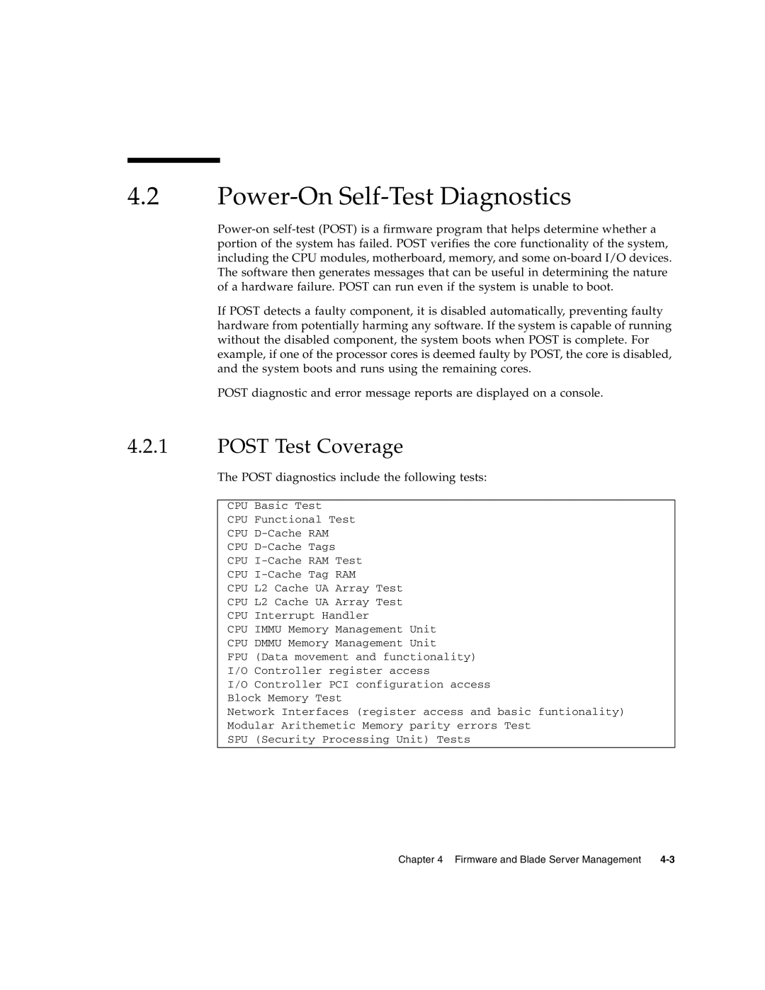 Sun Microsystems CP3260 manual Power-On Self-Test Diagnostics, POST Test Coverage 