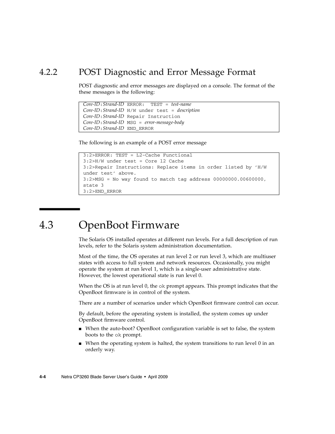 Sun Microsystems CP3260 manual OpenBoot Firmware, POST Diagnostic and Error Message Format 