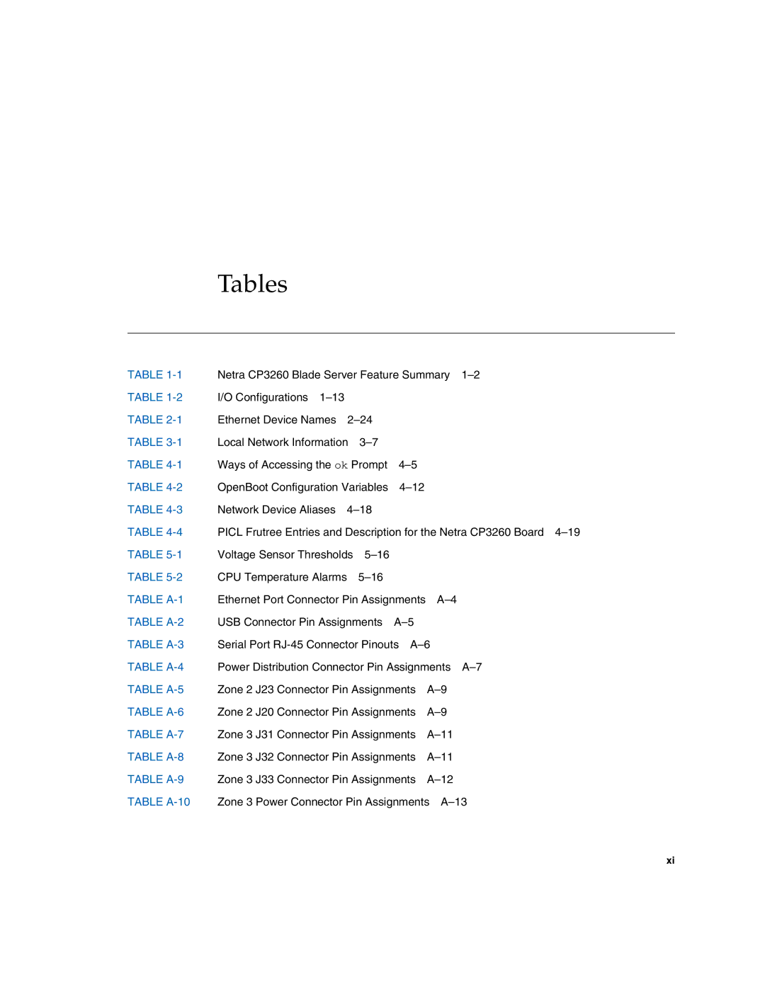 Sun Microsystems CP3260 manual Tables 