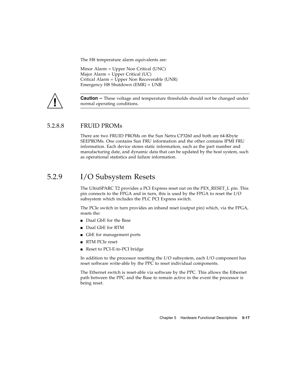 Sun Microsystems CP3260 manual 9 I/O Subsystem Resets, Fruid PROMs 