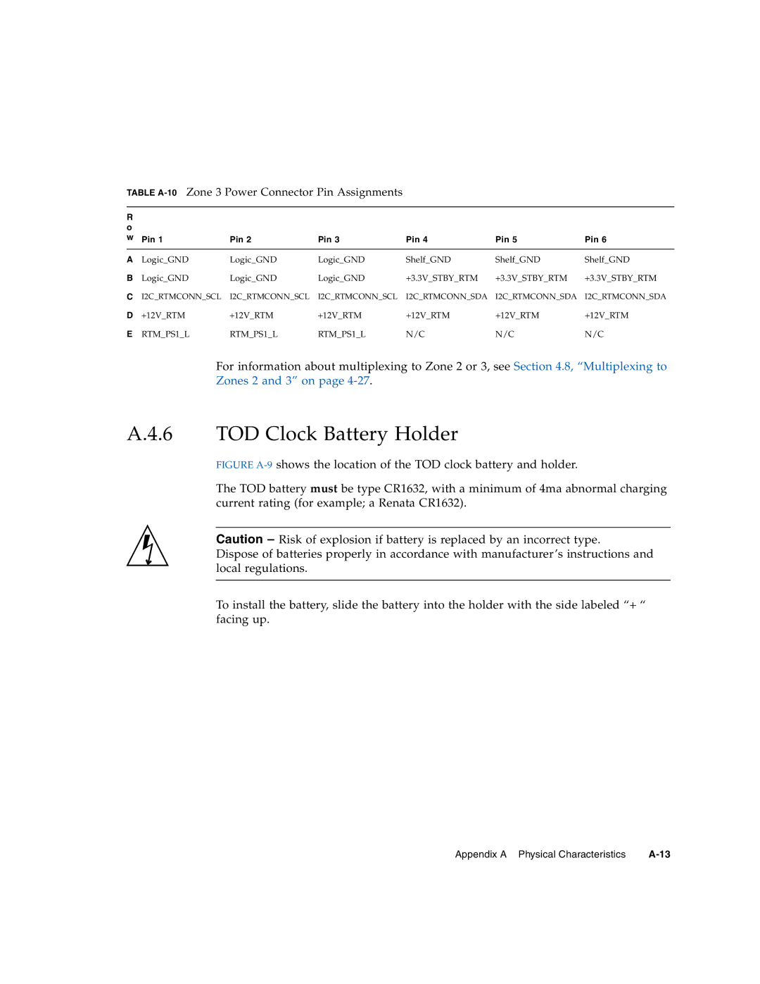 Sun Microsystems CP3260 manual TOD Clock Battery Holder, Table A-10Zone 3 Power Connector Pin Assignments 