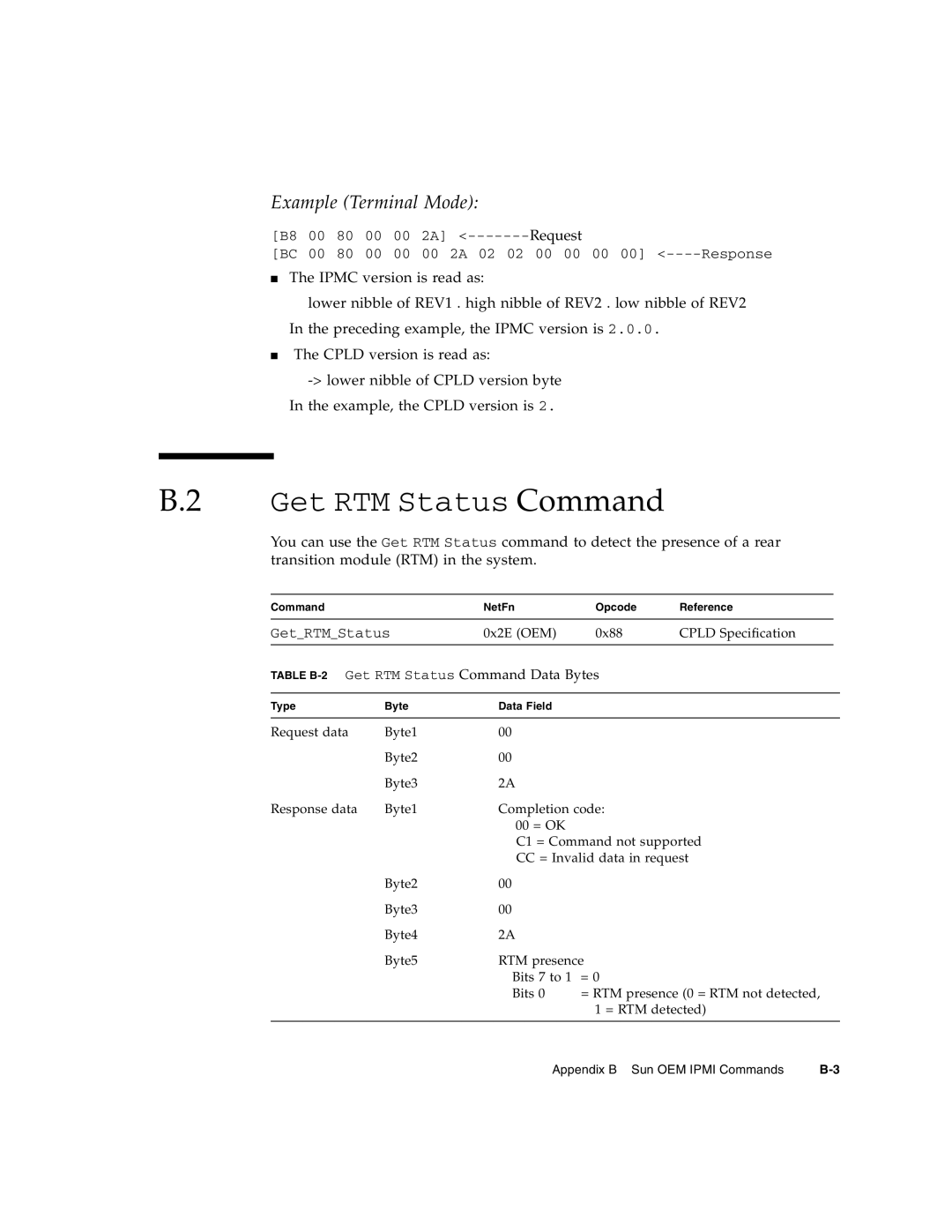 Sun Microsystems CP3260 manual Example Terminal Mode, Table B-2 Get RTM Status Command Data Bytes 