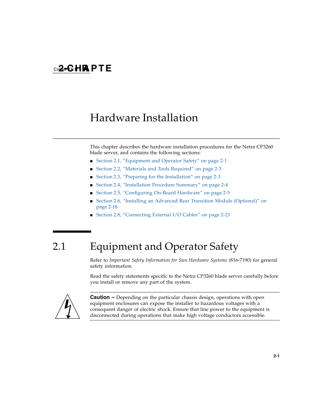 Sun Microsystems CP3260 manual Hardware Installation, Equipment and Operator Safety 